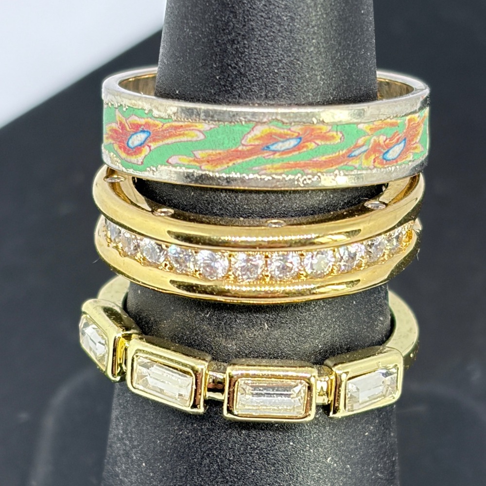 Rings Lot 3 Vintage Enamel Floral Gold‎ Tone CZ Stackable Baguette Channel Set - Picture 3 of 8